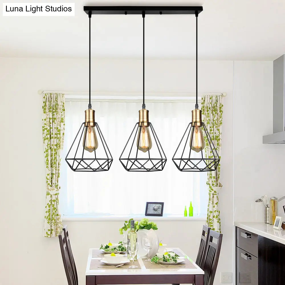 Brass Farmhouse Hanging Lamp With Teardrop Cage Shade And 3 Suspended Bulbs