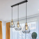 Brass Farmhouse Hanging Lamp With Teardrop Cage Shade And 3 Suspended Bulbs / Linear