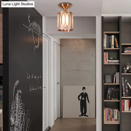 Brass Frosted Glass Ceiling Flush Mount Lamp – Colonialist Style For Living Room