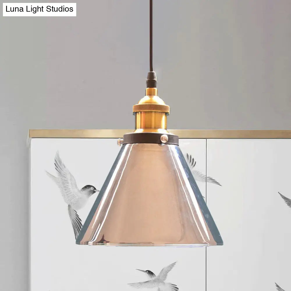 Grey Glass Cone Pendant Light Fixture In Brass For Living Room: Industrial Single Hanging Lamp