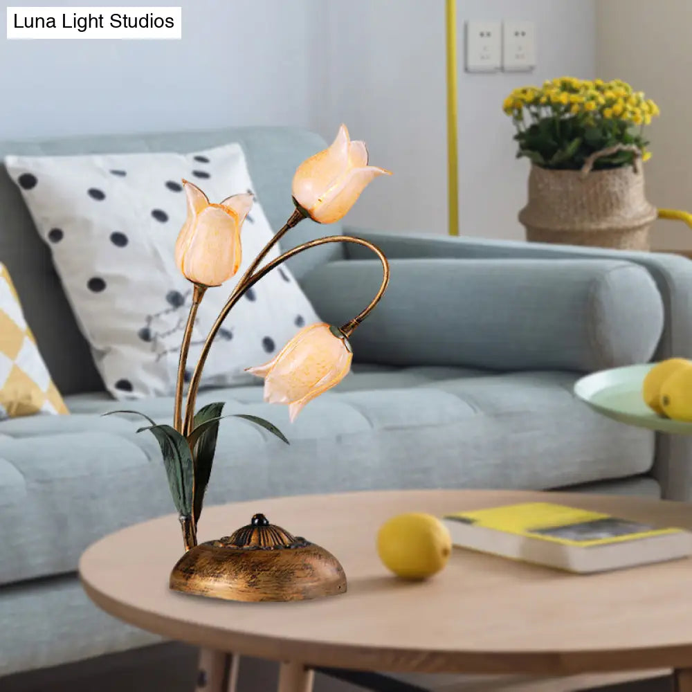 Brass Led Nightstand Light With Tulip Metal Design For Living Room - American Garden Theme