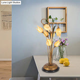 Brass Led Nightstand Light With Tulip Metal Design For Living Room - American Garden Theme