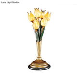 Brass Led Nightstand Light With Tulip Metal Design For Living Room - American Garden Theme