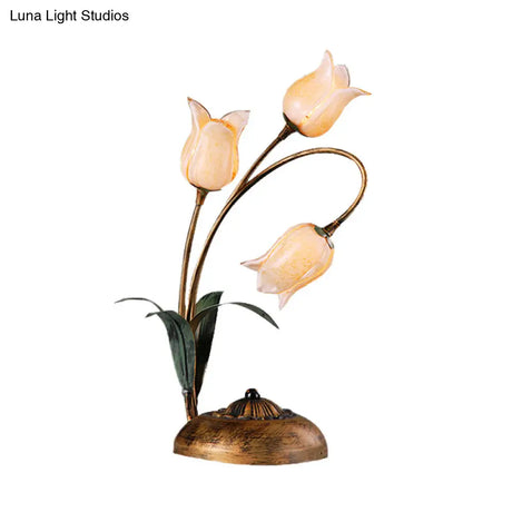 Brass Led Nightstand Light With Tulip Metal Design For Living Room - American Garden Theme