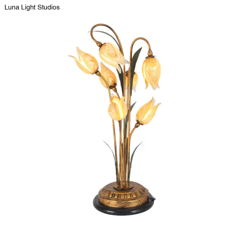 Brass Led Nightstand Light With Tulip Metal Design For Living Room - American Garden Theme