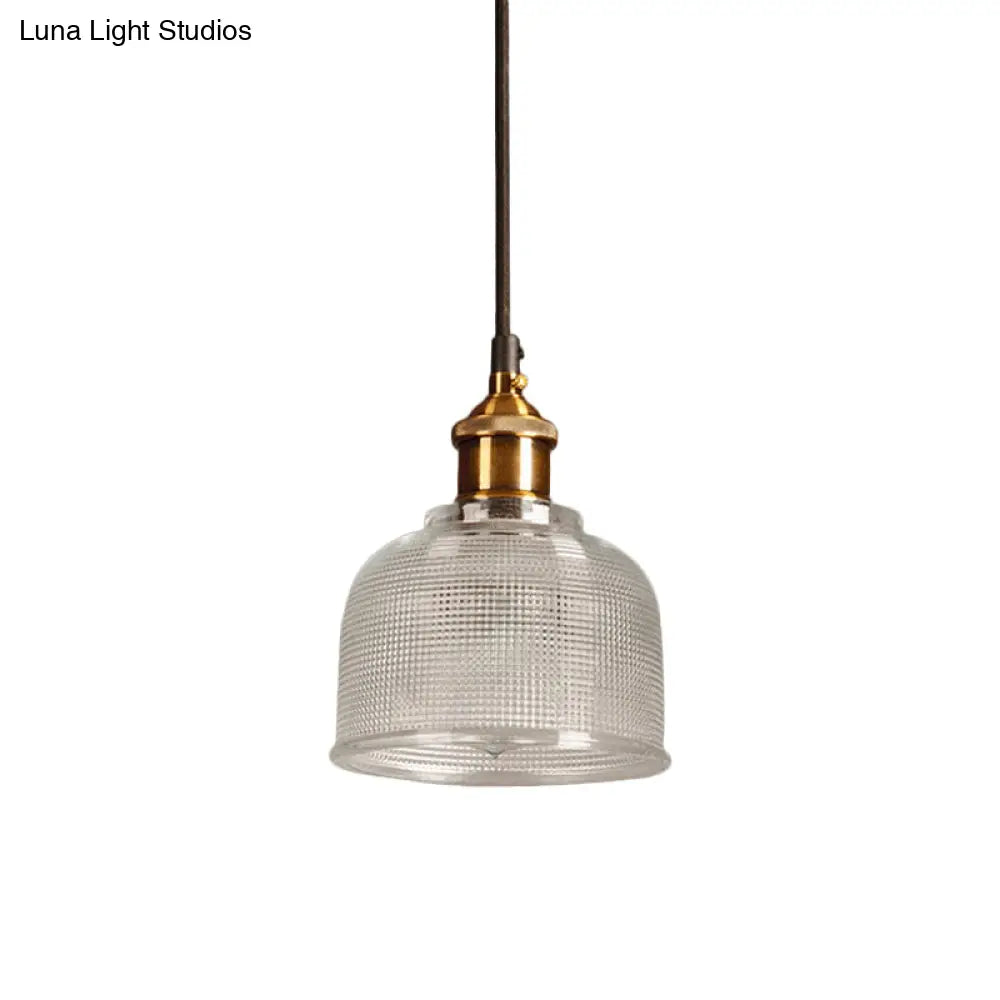 Lattice Glass Bowl Pendant Light - Loft Style Brass Suspension Ceiling Fixture / Clear