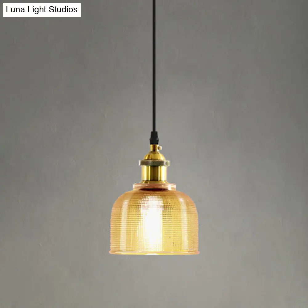 Brass Loft Style Single-Bulb Pendant Ceiling Light With Lattice Glass Bowl Design / Amber