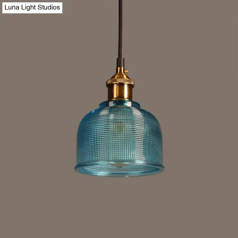 Brass Loft Style Single-Bulb Pendant Ceiling Light With Lattice Glass Bowl Design / Blue