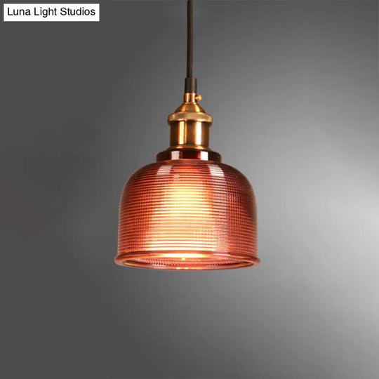 Brass Loft Style Single-Bulb Pendant Ceiling Light With Lattice Glass Bowl Design / Red