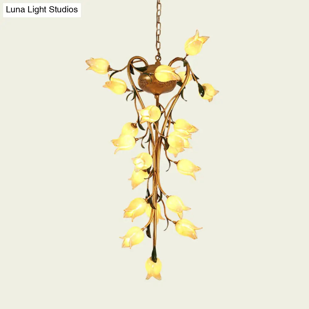 Brass Metal Led Pendant Ceiling Light - American Flower Chandelier Fixture With 21 Heads For Kitchen