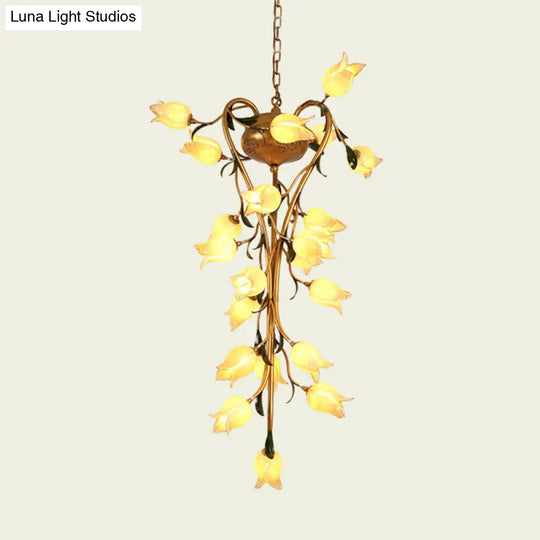 Brass Metal Led Pendant Ceiling Light - American Flower Chandelier Fixture With 21 Heads For Kitchen