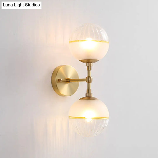 Brass Modern Spherical Wall Sconce With Frosted Glass And 2 Bulbs
