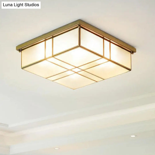 Brass Opal Glass Ceiling Light Fixture - 2 - Bulb Cubic Flush Mount Lamp For Bedroom