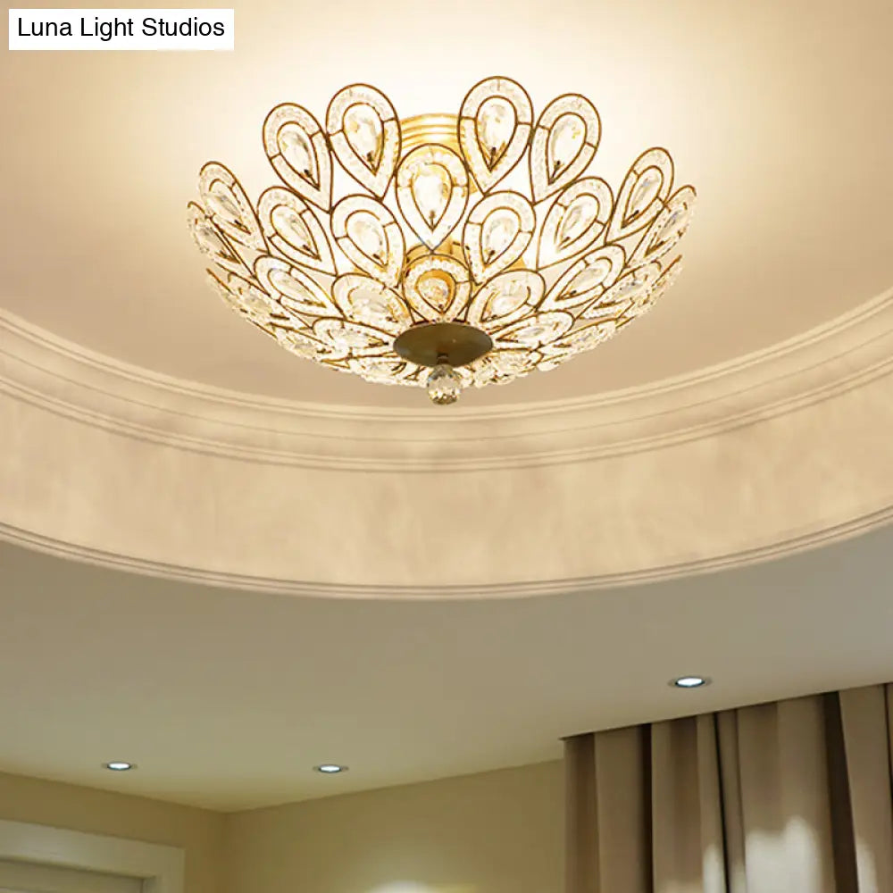 Brass Peacock Tail Flush Ceiling Light - Lodge Style Metal Lamp With Crystal Beads 3/5 Lights For