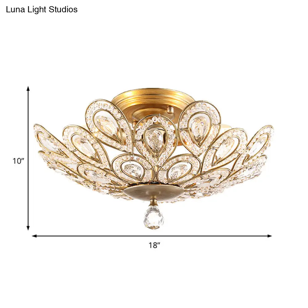 Brass Peacock Tail Flush Ceiling Light - Lodge Style Metal Lamp With Crystal Beads 3/5 Lights For