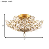 Brass Peacock Tail Flush Ceiling Light - Lodge Style Metal Lamp With Crystal Beads 3/5 Lights For