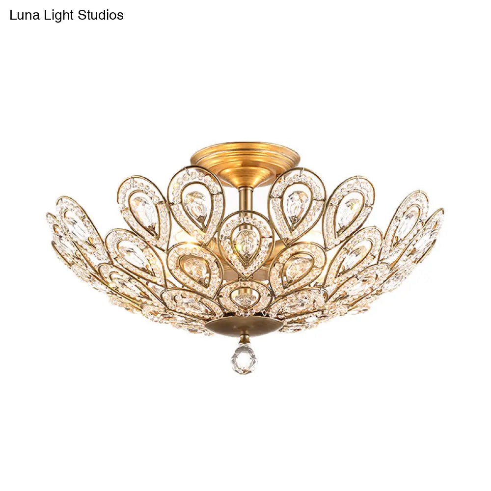 Brass Peacock Tail Flush Ceiling Light - Lodge Style Metal Lamp With Crystal Beads 3/5 Lights For