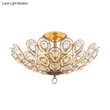 Brass Peacock Tail Flush Ceiling Light - Lodge Style Metal Lamp With Crystal Beads 3/5 Lights For