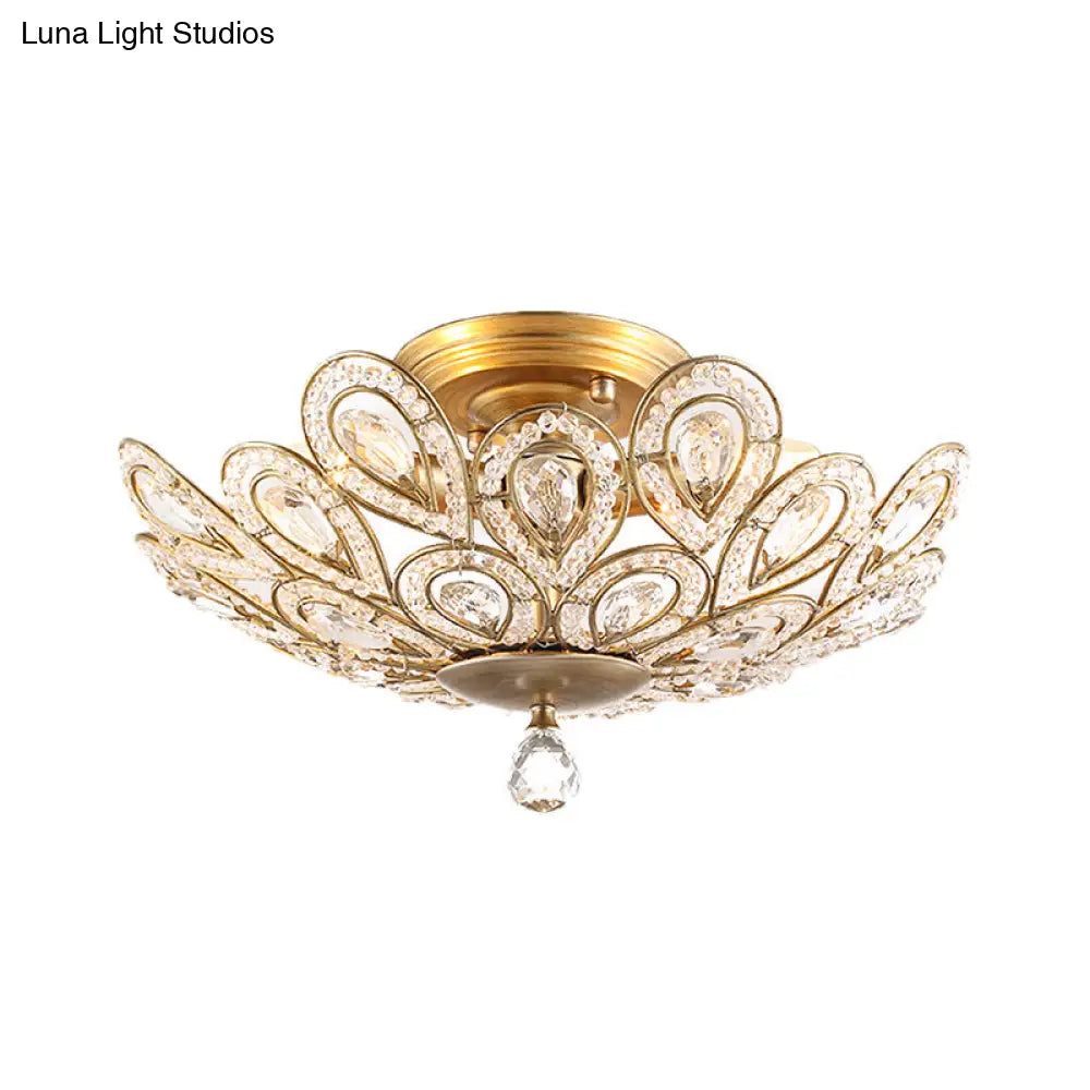 Brass Peacock Tail Flush Ceiling Light - Lodge Style Metal Lamp With Crystal Beads 3/5 Lights For