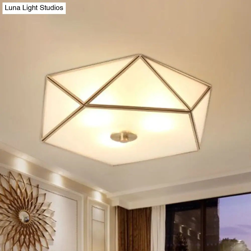 Brass Pentagonal Flushmount Ceiling Lamp: Simplicity Collection - Satin Opal Glass Flush - Mount