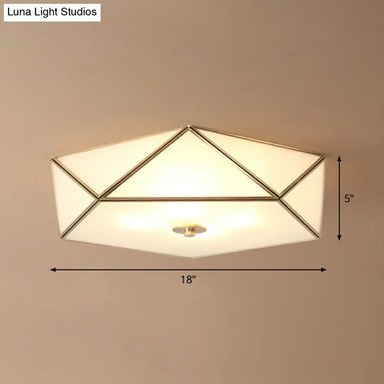 Brass Pentagonal Flushmount Ceiling Lamp: Simplicity Collection - Satin Opal Glass Flush-Mount Light