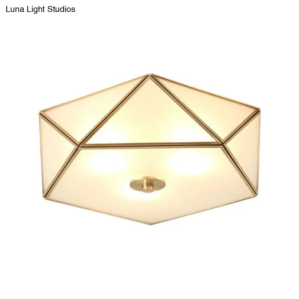 Brass Pentagonal Flushmount Ceiling Lamp: Simplicity Collection - Satin Opal Glass Flush-Mount Light