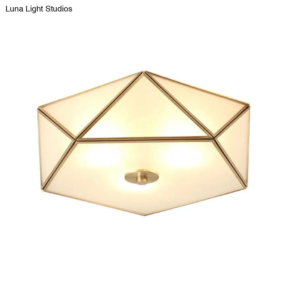Brass Pentagonal Flushmount Ceiling Lamp: Simplicity Collection - Satin Opal Glass Flush - Mount