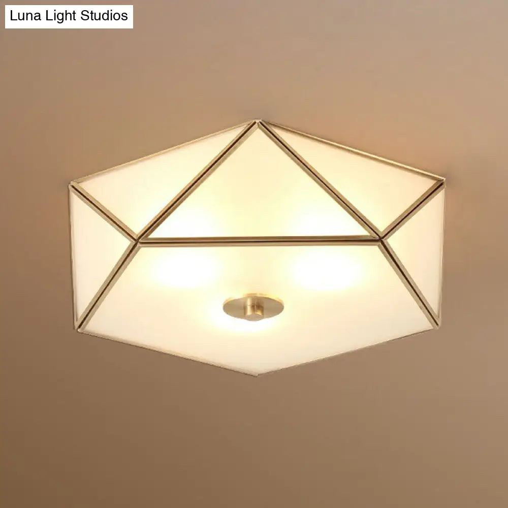 Brass Pentagonal Flushmount Ceiling Lamp: Simplicity Collection - Satin Opal Glass Flush-Mount Light