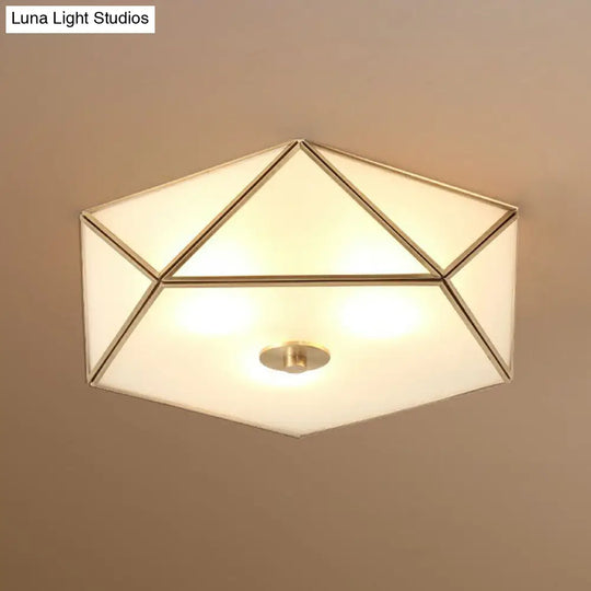 Brass Pentagonal Flushmount Ceiling Lamp: Simplicity Collection - Satin Opal Glass Flush-Mount Light