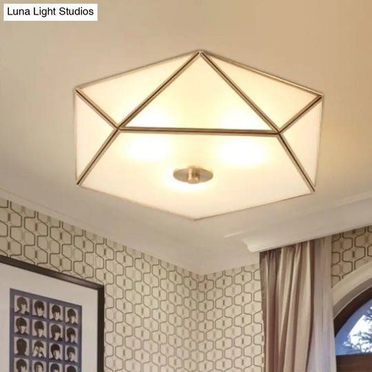 Brass Pentagonal Flushmount Ceiling Lamp: Simplicity Collection - Satin Opal Glass Flush - Mount