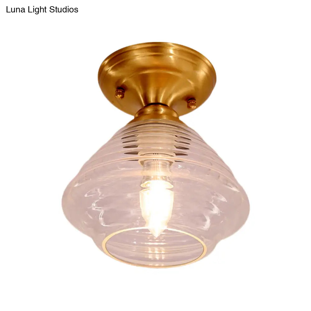 Brass Prismatic Glass Dome/Cone/Barn Flush Mount Light Fixture - Colonial Style 1 Head Porch