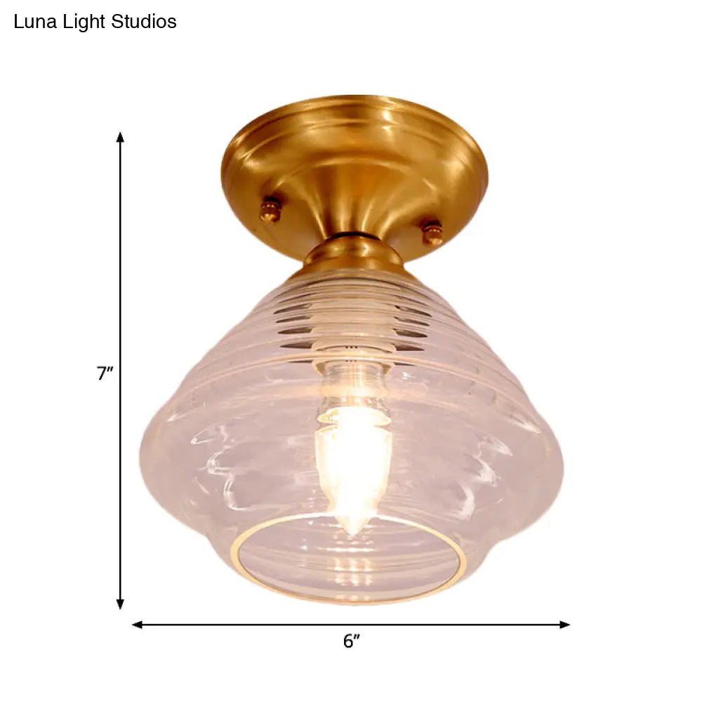Brass Prismatic Glass Dome/Cone/Barn Flush Mount Light Fixture - Colonial Style 1 Head Porch