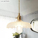 Brass Scalloped Pendant Ceiling Light With Frosted Glass - Farmhouse Style 1-Light Hanging Lamp For