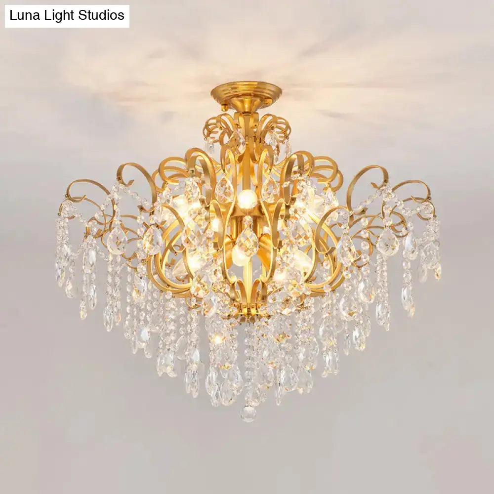 Brass Scrolled Arm Semi-Flush Light With Crystal Draping 12 /