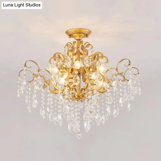 Brass Scrolled Arm Semi-Flush Light With Crystal Draping