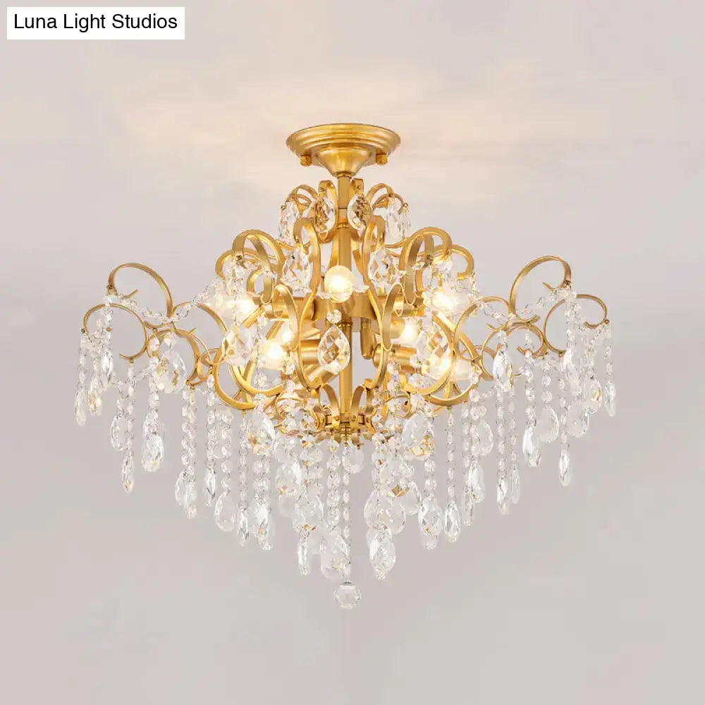 Brass Scrolled Arm Semi-Flush Light With Crystal Draping 8 /