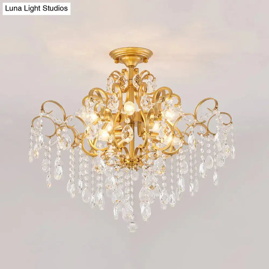 Brass Scrolled Arm Semi-Flush Light With Crystal Draping 8 /
