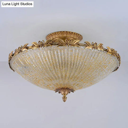 Brass Semi-Flush Antiqued Bowl Light With Clear Variegated Glass