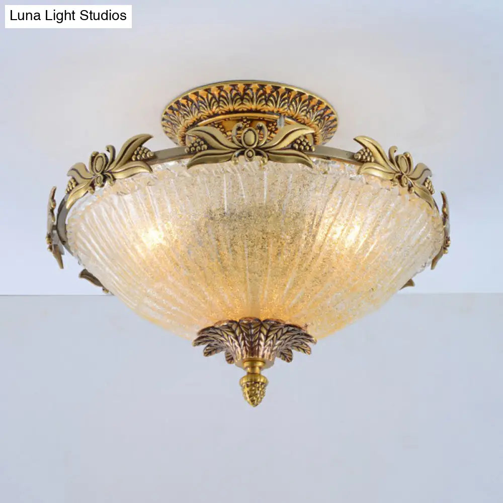 Brass Semi - Flush Antiqued Bowl Light With Clear Variegated Glass