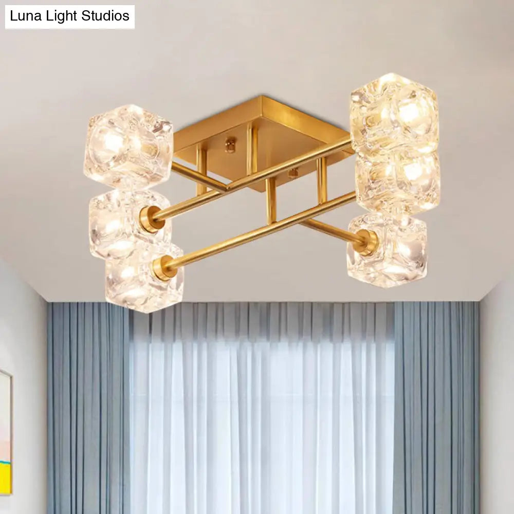 Brass Semi Flush Crystal Bedroom Ceiling Light - Contemporary Square Design 4/6 Fixture