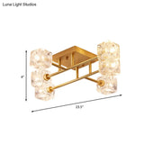 Brass Semi Flush Crystal Bedroom Ceiling Light - Contemporary Square Design 4/6 Fixture