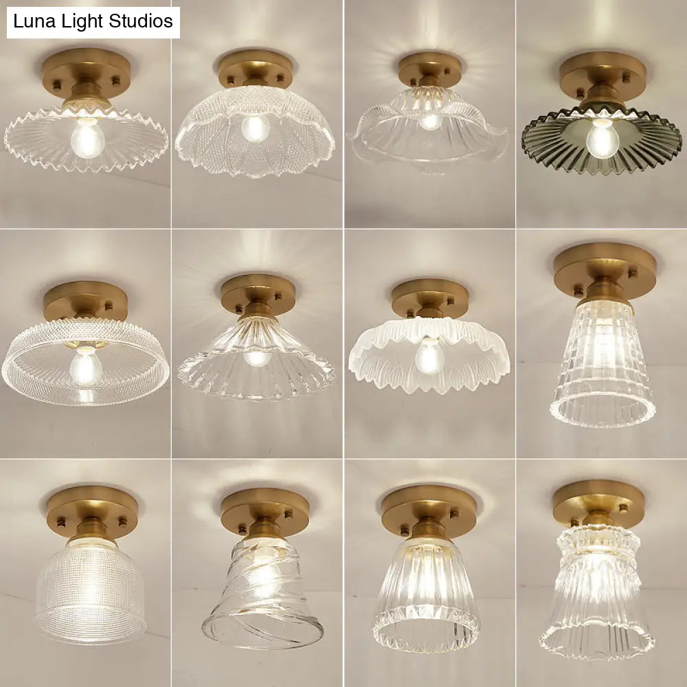 Brass Semi Flush Mount Ceiling Light For Aisle: Textured Glass 1-Light Industrial Style