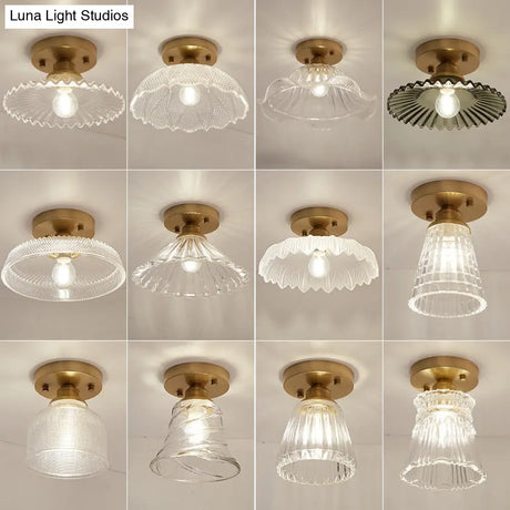 Brass Semi Flush Mount Ceiling Light For Aisle: Textured Glass 1 - Light Industrial Style
