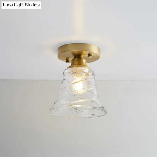 Brass Semi Flush Mount Ceiling Light For Aisle: Textured Glass 1 - Light Industrial Style / Bell