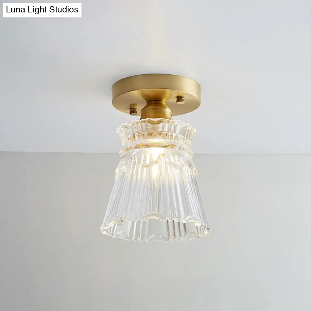 Brass Semi Flush Mount Ceiling Light For Aisle: Textured Glass 1 - Light Industrial Style / Flared