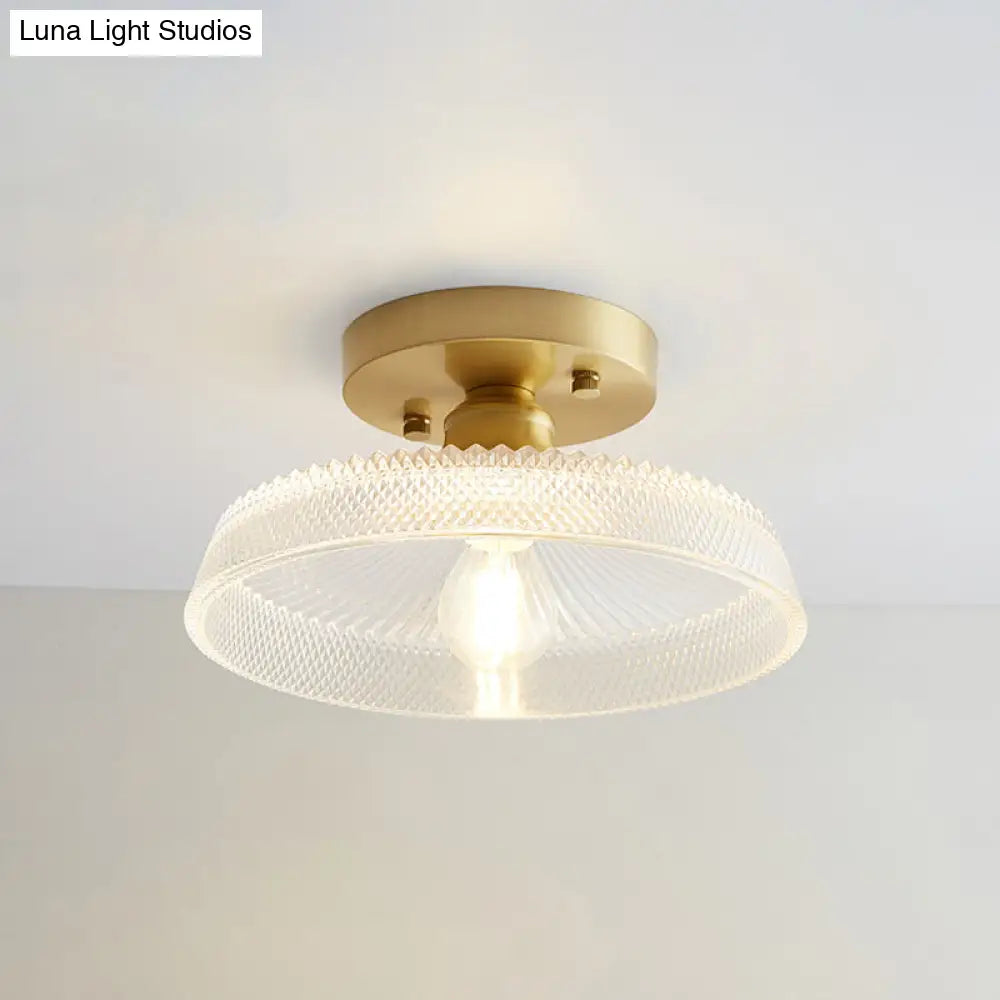 Brass Semi Flush Mount Ceiling Light For Aisle: Textured Glass 1 - Light Industrial Style / Round