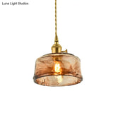 Brass Shaded Drop Pendant Vintage Handmade Tan Glass 1-Bulb Living Room Pendulum Light