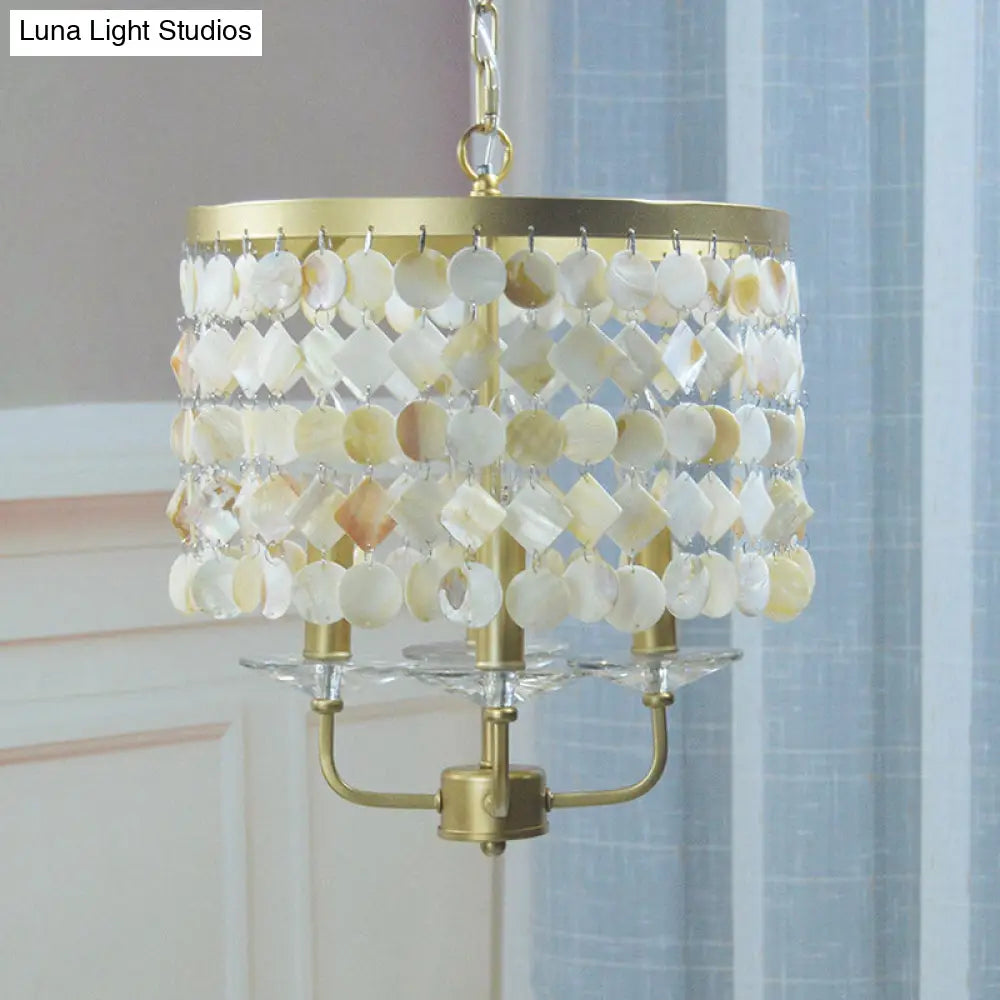 Brass Shell Suspended Ceiling Chandelier With Traditional Drum Design - 4/6 Bulbs