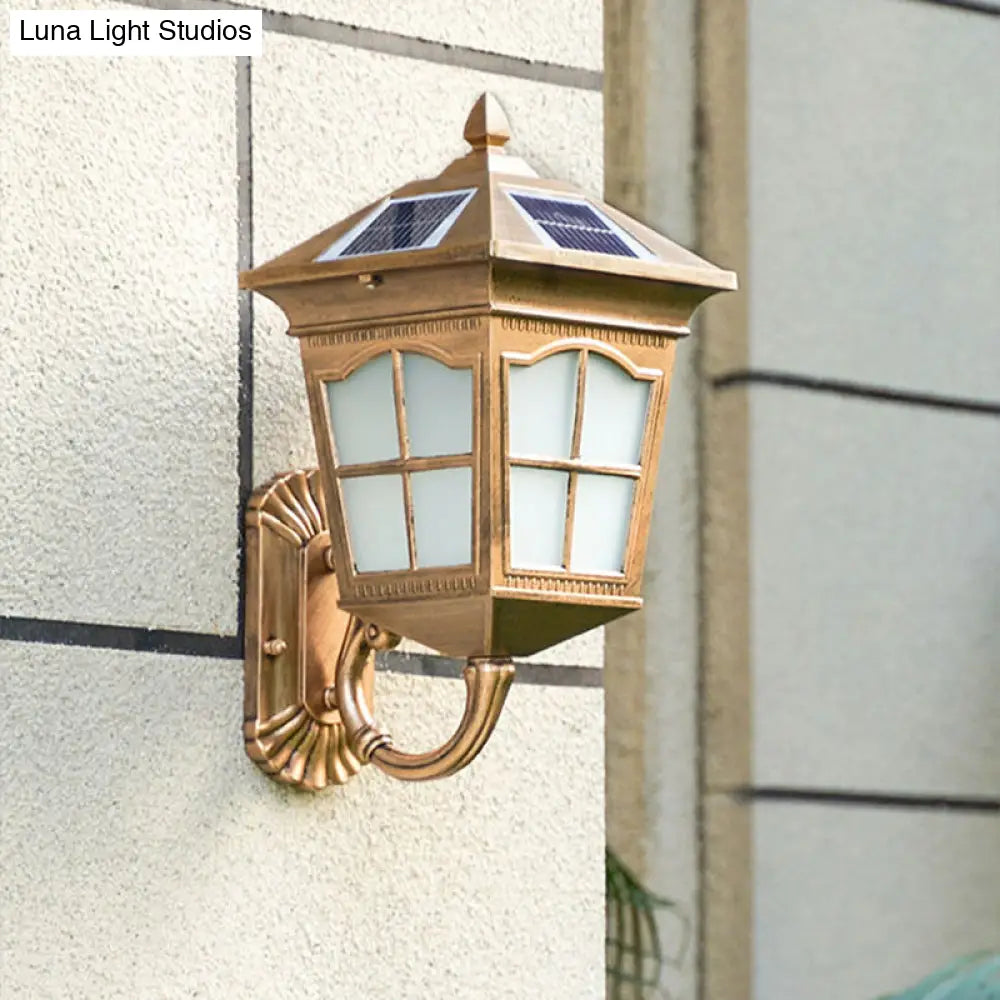Brass Solar Led Wall Sconce With Antiqued Style Frosted Glass Small/Large House Lantern Light