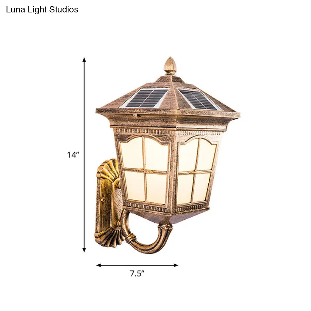 Brass Solar Led Wall Sconce With Antiqued Style Frosted Glass Small/Large House Lantern Light